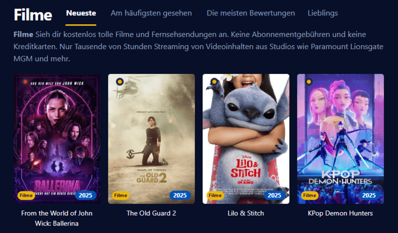 Bildschirmfoto der Filmpalast Oberfläche das verschiedene Filmtitel und Serienfolgen zeigt